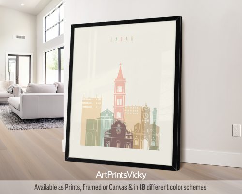 Art print featuring a stylized cityscape of Zadar, Croatia with notable buildings and landmarks.