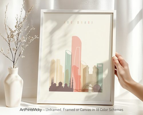 Art print featuring a stylized illustration of Abu Dhabi's skyline with various buildings.