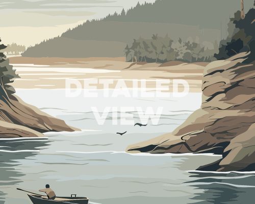 Illustration depicting a river landscape with a person in a boat and rocky cliffs in the background.