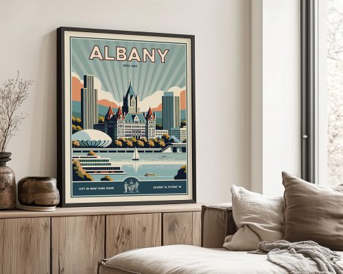 Retro poster of Albany, New York featuring city skyline and river view.