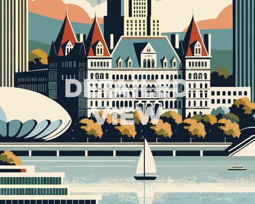 Retro-style illustration of Albany, New York featuring a prominent building and a sailboat on the water.