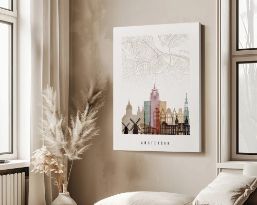 Map of Amsterdam featuring key landmarks and buildings in a detailed layout.