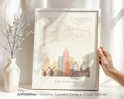 Stylized map of Amsterdam featuring notable buildings and landmarks in a minimalist design.