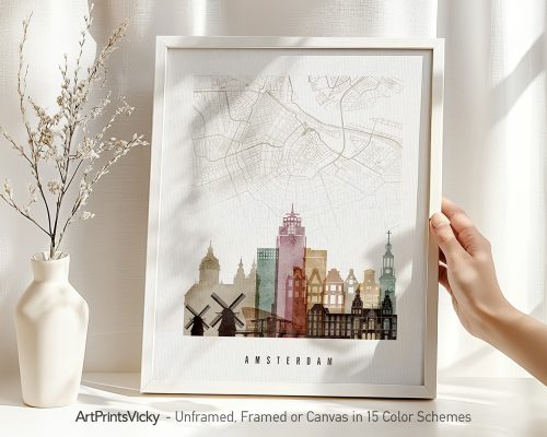 Art print of Amsterdam city map featuring iconic buildings and windmills in a minimalist design.