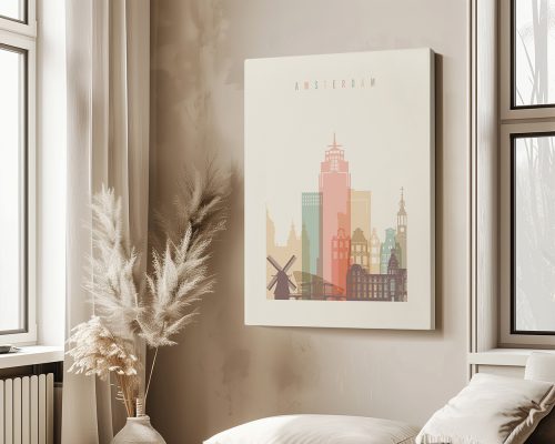 Stylized illustration of Amsterdam's skyline featuring notable buildings and a windmill.