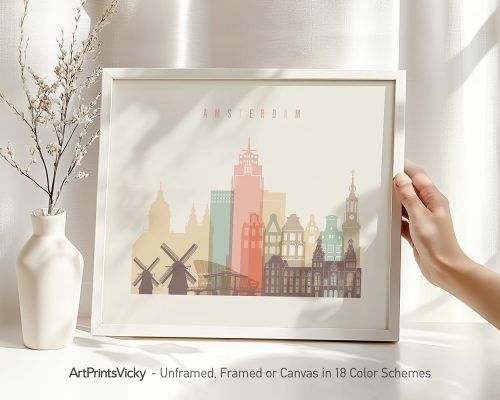 Art print of Amsterdam featuring iconic buildings and windmills in various colors.
