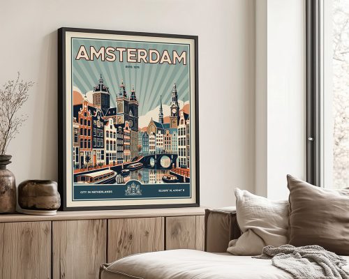 Retro-style poster of Amsterdam featuring iconic buildings and a canal scene.