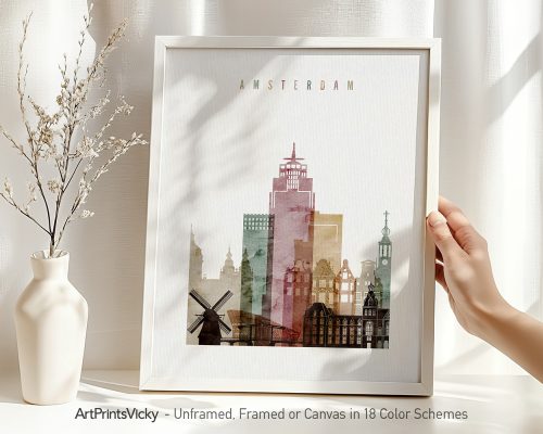 Art print featuring a stylized cityscape of Amsterdam with buildings and a windmill.