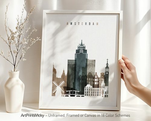 Framed artwork depicting a cityscape of Amsterdam with notable buildings and landmarks.