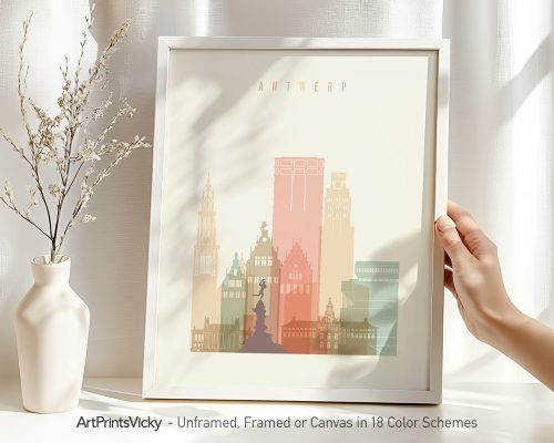 Art print of Antwerp featuring stylized buildings in various colors and a decorative frame.
