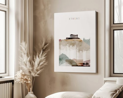 Art print featuring a stylized representation of Athens with notable landmarks and a soft color palette.