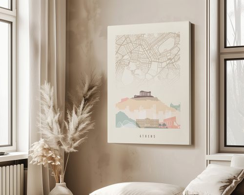 Map of Athens featuring key landmarks and streets in a detailed design.