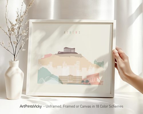 Art print of Athens featuring the Acropolis and city skyline in soft colors.
