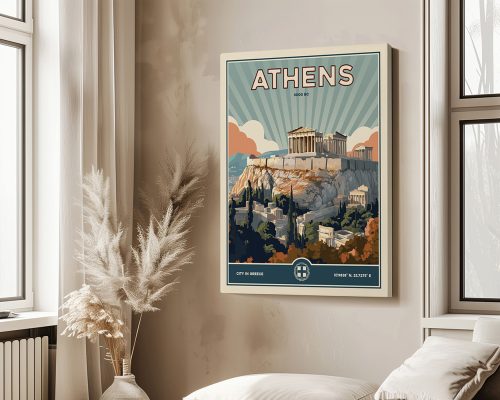 Retro poster of Athens featuring the Acropolis with stylized clouds and sun rays.