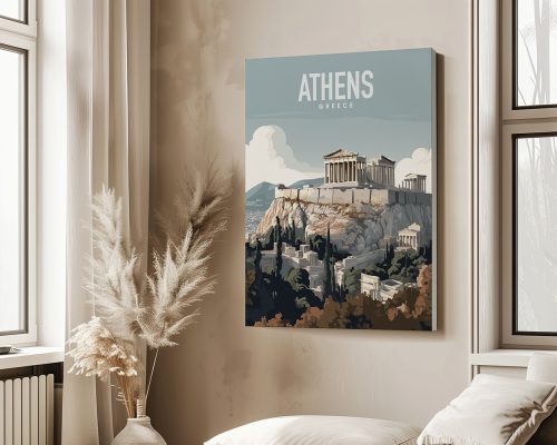 Art print depicting the Acropolis of Athens with the Parthenon under a blue sky.