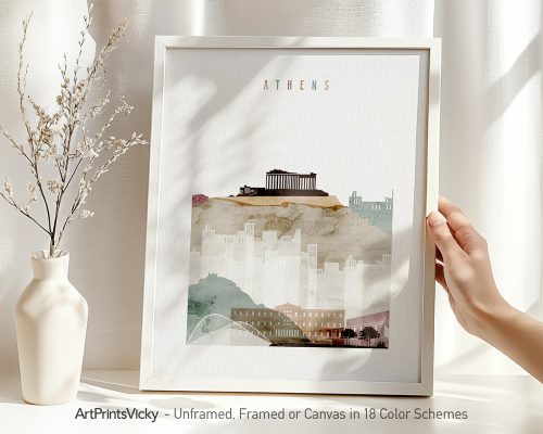 Art print featuring a stylized illustration of Athens with notable landmarks and the word 'ATHENS' at the top.