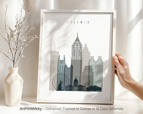 Art print of the Atlanta city skyline featuring various iconic buildings and structures.