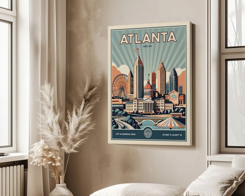 Retro-style poster featuring the skyline of Atlanta with notable buildings and a ferris wheel.