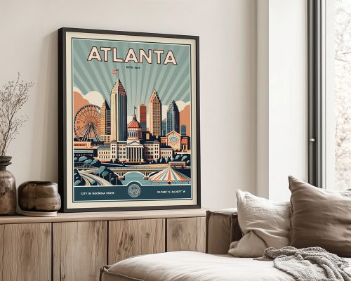 Retro-style poster featuring the skyline of Atlanta with notable buildings and a ferris wheel.
