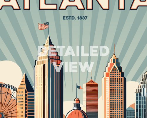 Illustration of Atlanta's skyline featuring prominent buildings and a sunburst background.