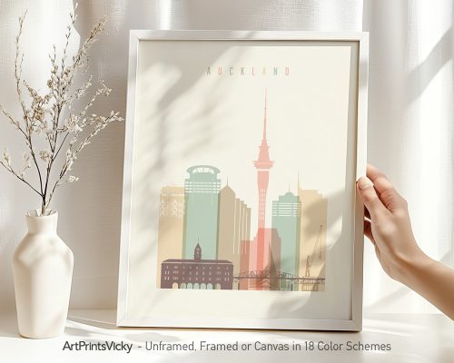 Art print of Auckland cityscape featuring iconic buildings and the Sky Tower in pastel colors.
