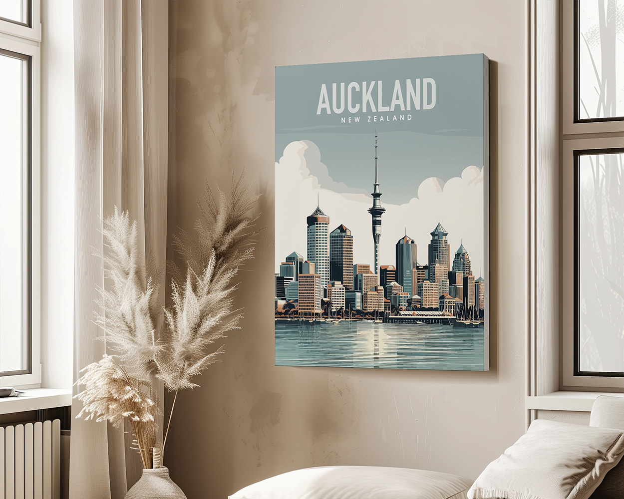 Art print of Auckland skyline featuring the Sky Tower and various buildings against a cloudy sky.