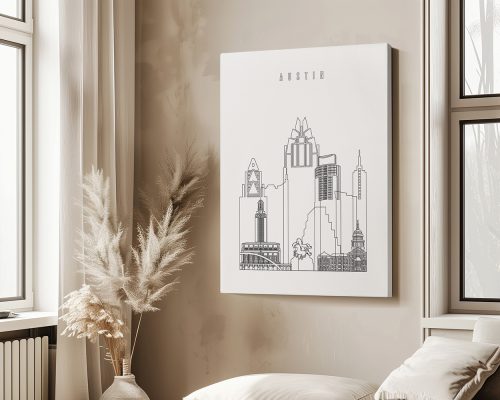 Black and white outline illustration of Austin's skyline with notable buildings and text 'AUSTIN'.