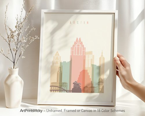 Art print of the Austin city skyline featuring notable buildings in a minimalist design.