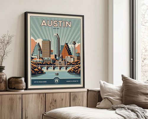 Retro-style poster featuring the skyline of Austin, Texas, with a bridge and buildings in a colorful design.