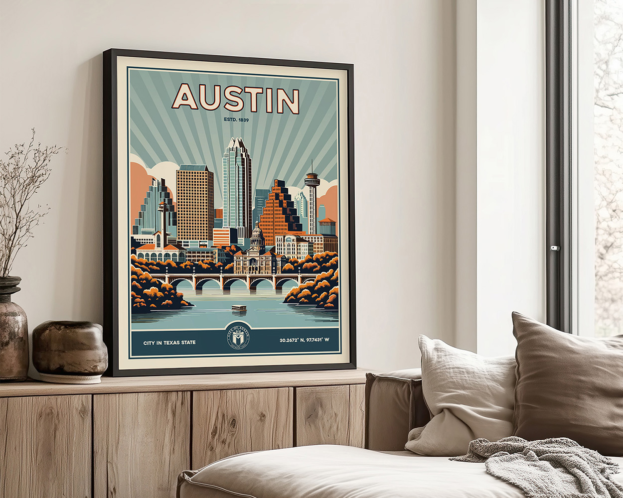 Retro-style poster featuring the skyline of Austin, Texas, with a bridge and buildings in a colorful design.