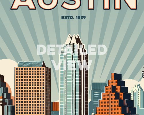 Retro-style cityscape illustration of Austin, Texas, featuring notable buildings and a sunburst background.