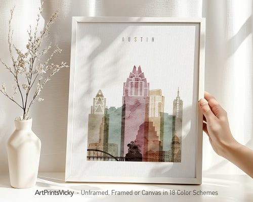 Art print of the Austin city skyline featuring various buildings in a colorful design.