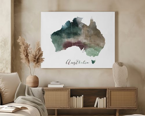 Watercolor map of Australia featuring various shades and the label 'Australia' at the bottom.