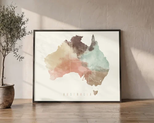 Australian Warm Pastel Watercolor Map Poster | ArtPrintsVicky