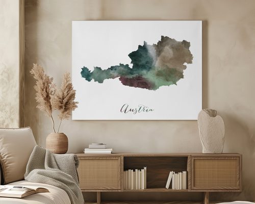 Watercolor map of Austria in green and brown tones displayed on a wall.