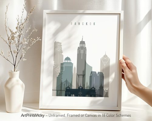 Art print featuring a stylized cityscape of Bangkok with prominent buildings and structures.