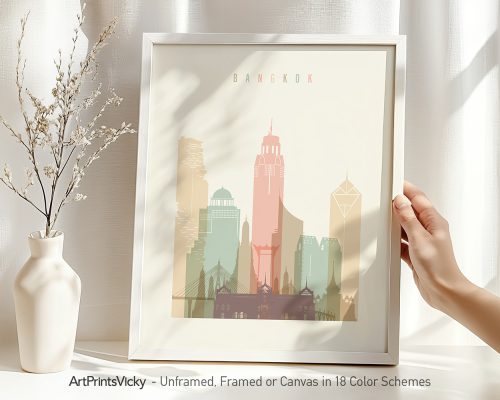 Framed artwork depicting a stylized cityscape of Bangkok with prominent buildings and structures.