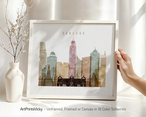 Art print featuring a stylized cityscape of Bangkok with various buildings and colors.
