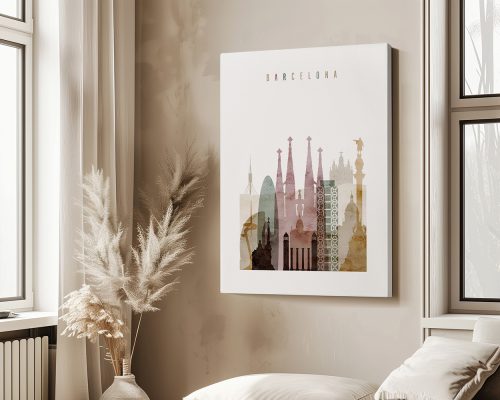 Art print featuring a silhouette of Barcelona's skyline with notable landmarks in soft colors.