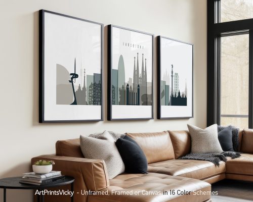 Three framed art prints depicting a stylized cityscape of Barcelona with notable landmarks.
