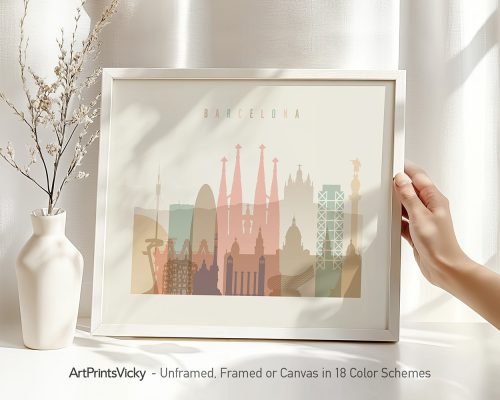 Art print featuring a stylized cityscape of Barcelona with notable landmarks in soft colors.