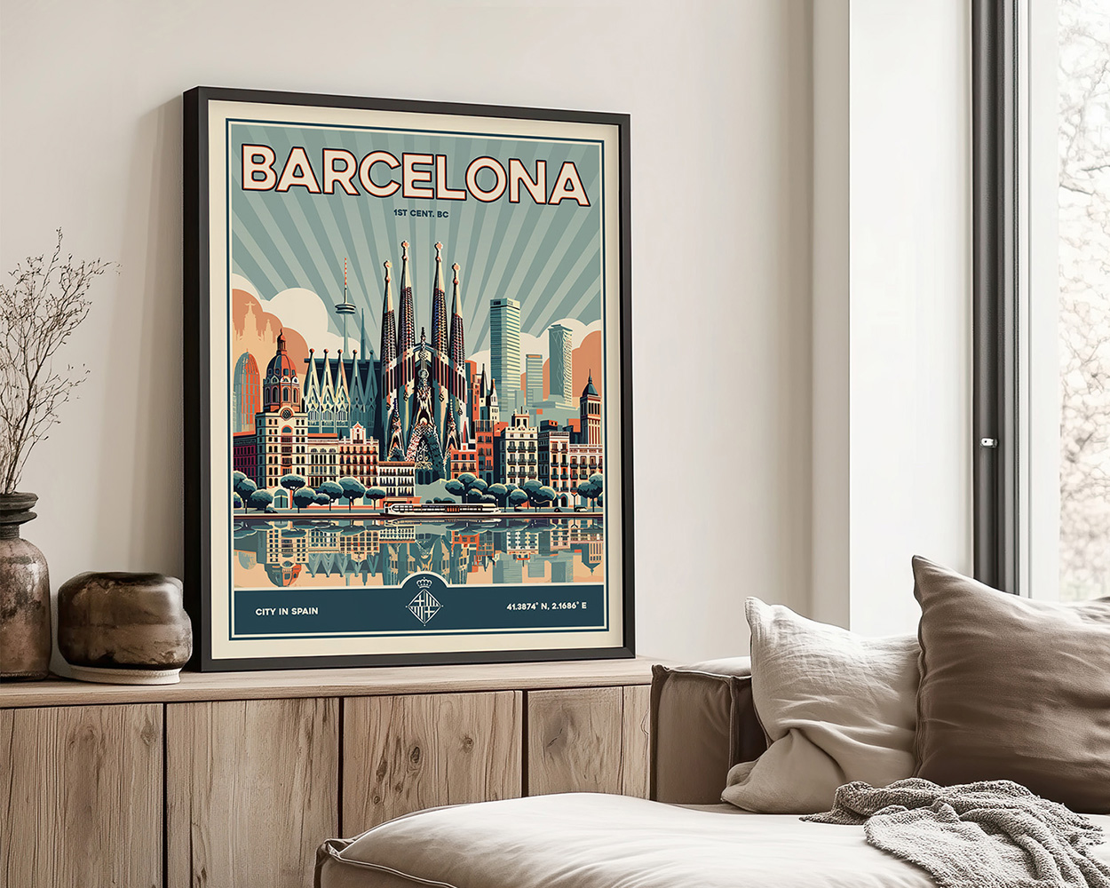 Retro-style art print of Barcelona featuring the Sagrada Familia and city skyline.