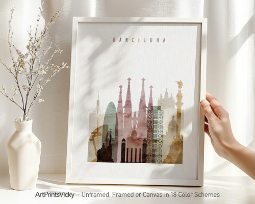 Art print featuring a stylized silhouette of Barcelona's iconic landmarks in various colors.