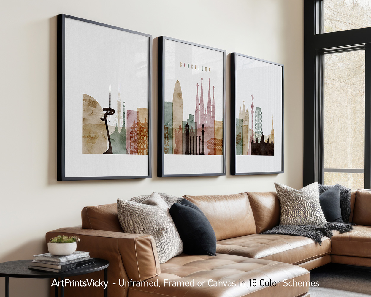 Three framed art prints depicting a stylized cityscape of Barcelona with notable landmarks.
