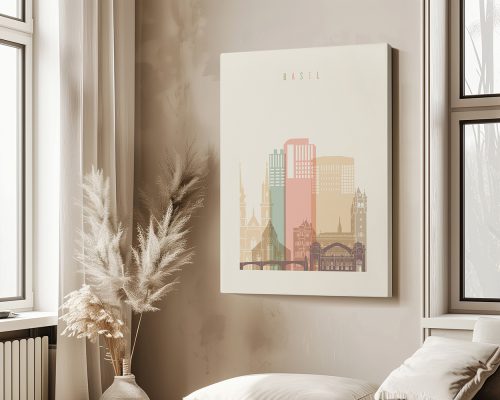 Art print featuring a stylized cityscape of Basel with buildings in various colors.