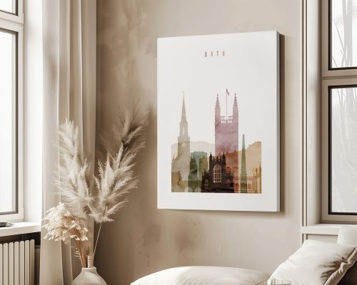 Art print featuring a layered cityscape of Bath with historical buildings and soft color gradients.
