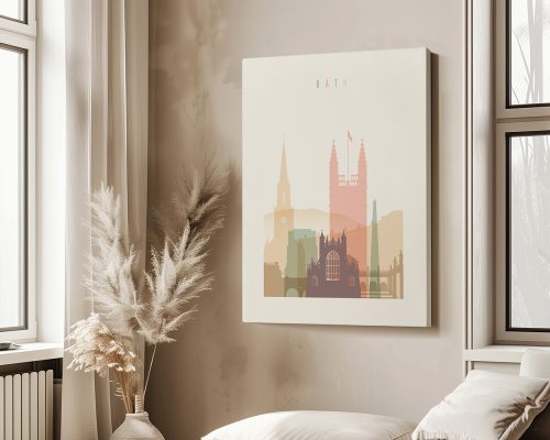 Art print featuring a stylized cityscape of Bath with notable buildings and soft colors.