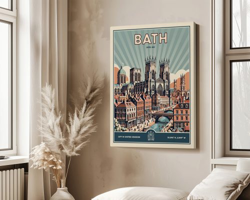 Vintage poster of Bath, England, featuring architectural landmarks and a colorful design.