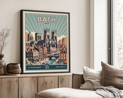 Framed poster art of Bath featuring historical buildings and a river in the foreground.