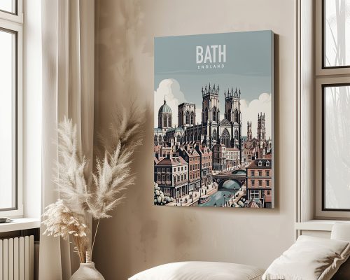 Art print featuring a stylized illustration of Bath, England with buildings and a bridge.